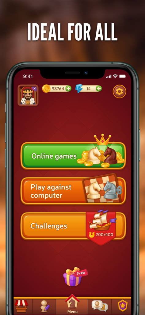 Chess Online - Clash of Kings - Mobile App Hauptmenü für Chess Online Clash of Kings, das Spielmodi wie Online-Spiele und Herausforderungen zeigt