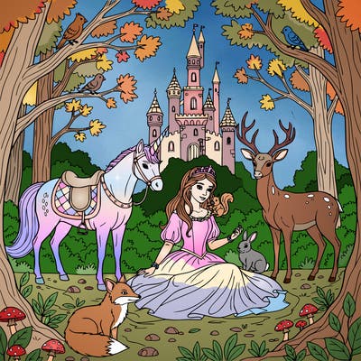 a princess in the woods with a castle in the background.   she is sitting among woodland friends.  there is a unicorn that is saddled