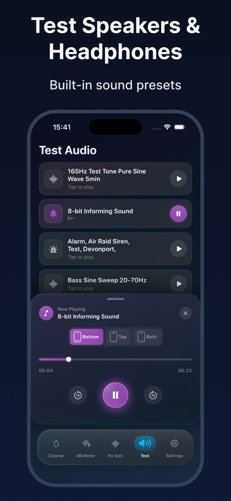 Interfaz de la aplicación Water Eject que muestra preajustes de prueba de audio para altavoces y auriculares con controles de altavoz superior e inferior.