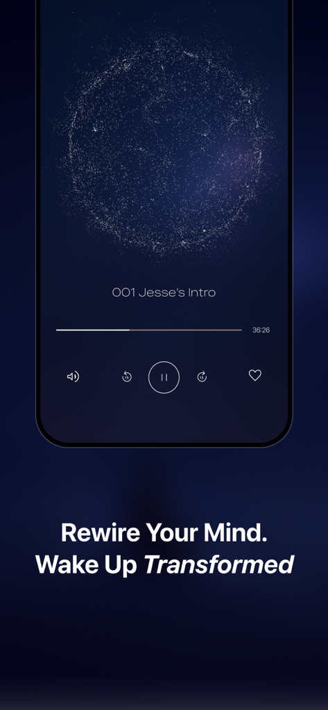 Skye - Rewire your Mind - Audio player interface of the Skye manifestation app featuring a starry theme and playback controls