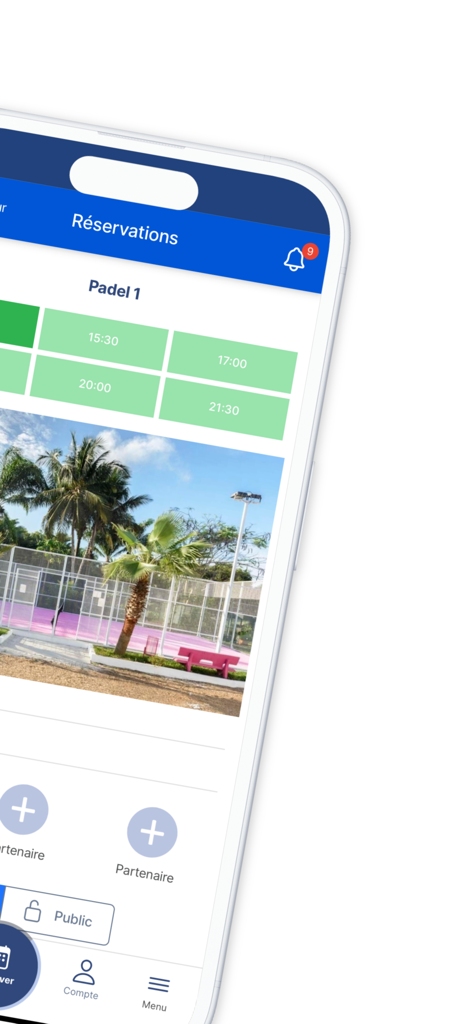 GreenPoint - Mobile app interface for booking a padel court with available time slots and court image