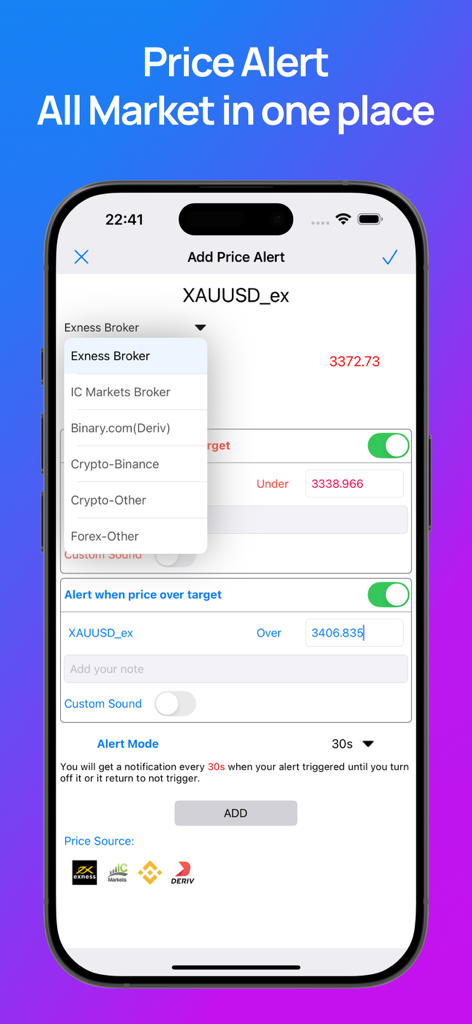 Écran d'application mobile pour la configuration d'alertes de prix pour le forex et la crypto sur plusieurs courtiers