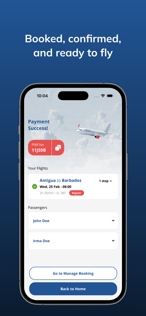 앤티가에서 바베이도스까지의 항공편에 대한 Liat Air 앱의 예약 확인 화면