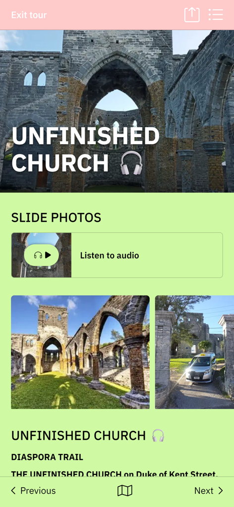 BERMUDA SMART TOURS - Pantalla de la aplicación Bermuda Smart Tours mostrando la guía de audio de la Iglesia Inacabada y fotos.