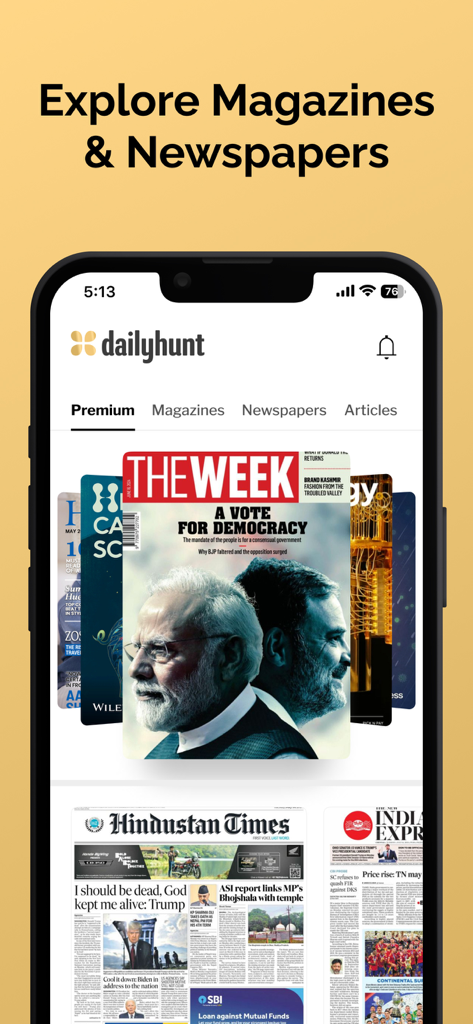 Dailyhunt - News & Magazines - Dailyhunt app screen showcasing a variety of Indian magazines and newspapers