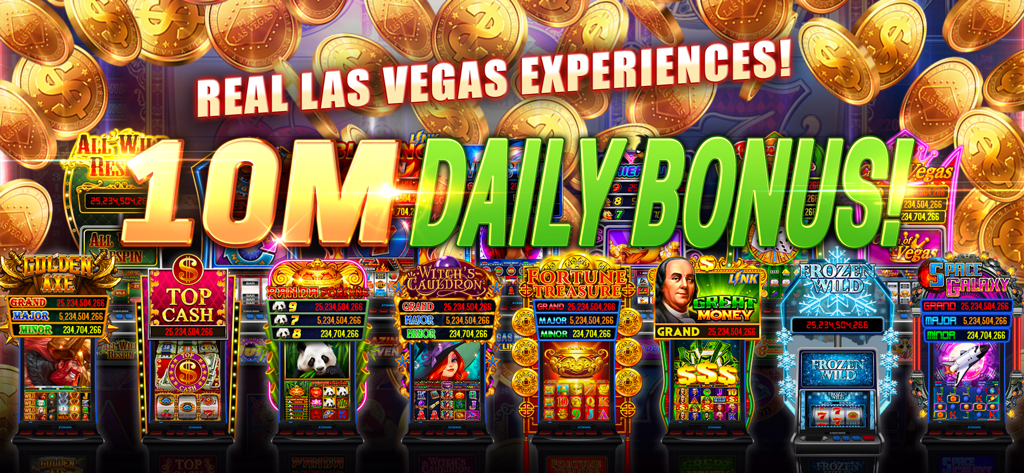 Play Las Vegas - Casino Slots - Play Las Vegas casino slots app showing themed slot machines and a 10 million daily bonus banner.