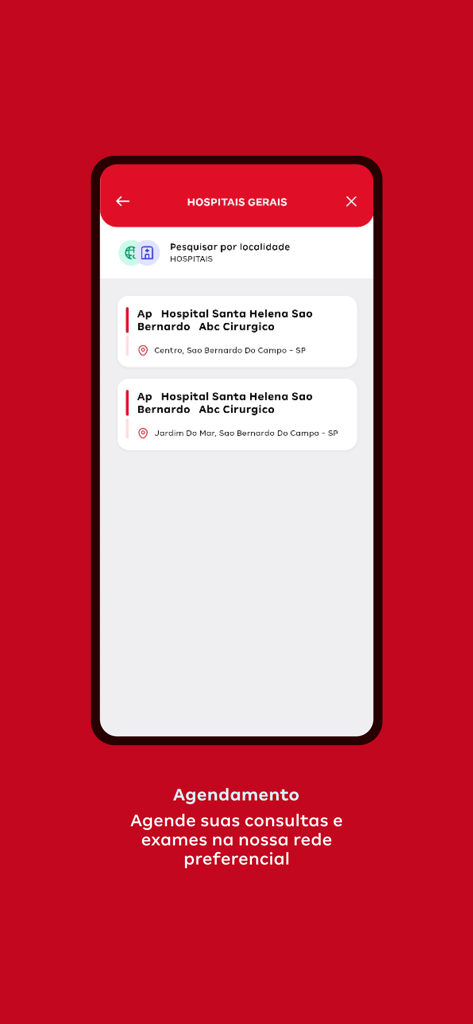 Santa Helena Saúde - Santa Helena Saude app showing general hospital locations and appointment scheduling
