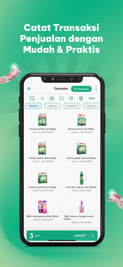 Smartphone displaying the Kasir Pintar POS transaction screen with a grid of retail products and checkout button