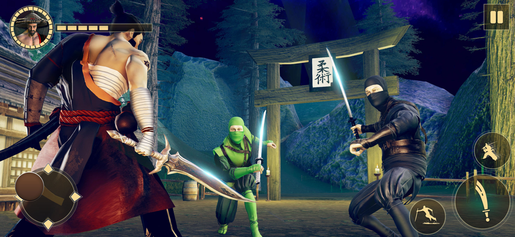 Shadow Ninja Assassin Fight - A samurai warrior battles two ninjas with glowing swords in front of a Japanese gate at night