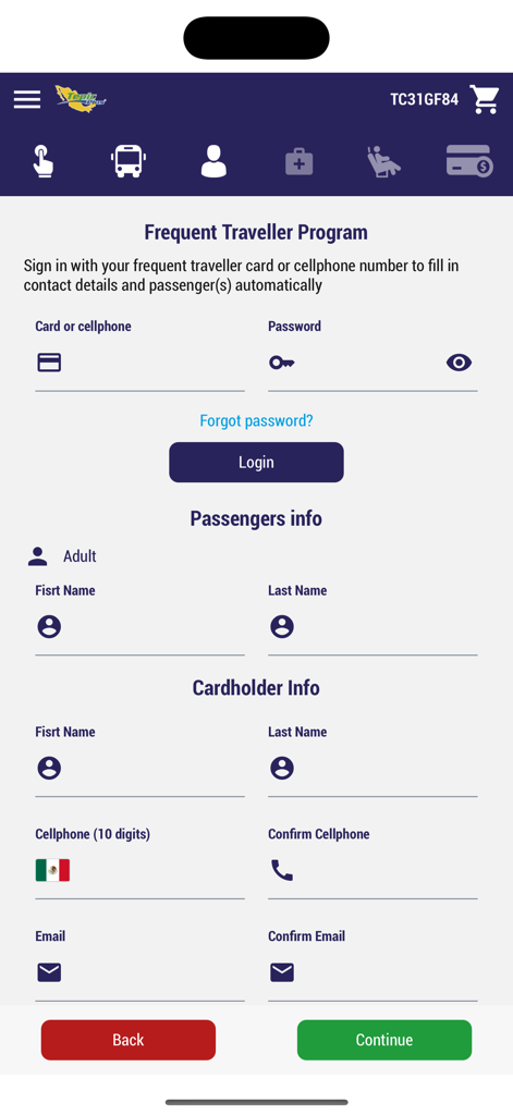 Tepic Plus app Frequent Traveller Program login and passenger information form