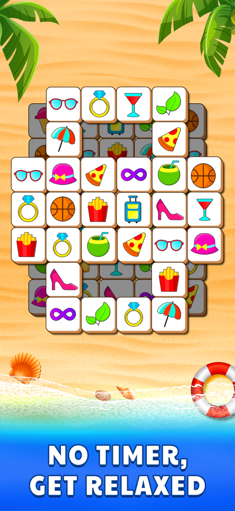 Tile Puzzle Game: Tiles Match - Un écran de jeu de puzzle d'association de tuiles coloré avec un thème de plage relaxant et aucun chronomètre.