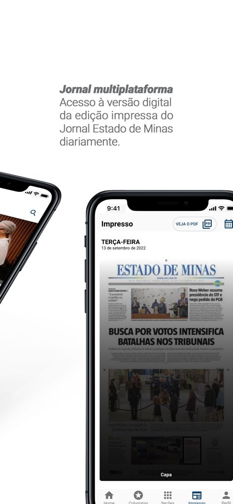 Smartphone showing the digital replica of the Estado de Minas printed newspaper.