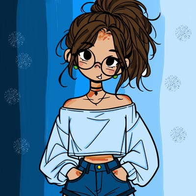 girl with a messy ponytail glasses a baggy crop top and jean shorts