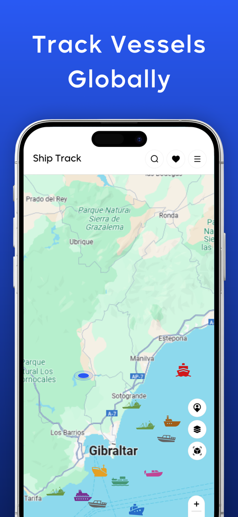 Interactive map showing live vessel positions and ship types near Gibraltar