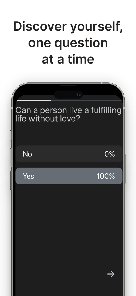 Persona Analysis - 페르소나 분석 앱 인터페이스가 인생과 사랑을 성취하는 것에 대한 성격 테스트 질문을 보여줍니다