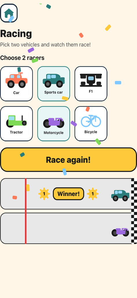 MiniKids Ultimate - Pantalla de actividad de carreras minimalista para niños pequeños con iconos de vehículos simples y un anuncio del ganador.