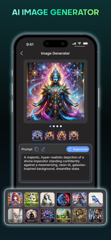 AI Chat: AI Chatbot 5 0 - Interface do aplicativo AI Chat mostrando o recurso AI Image Generator com uma figura cósmica gerada e várias opções de estilo de arte.