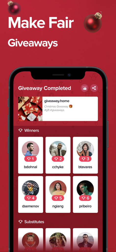 Comment Picker for Giveaway - クリスマスのプレゼント企画の結果が表示されたモバイルアプリ画面。当選者リストが含まれている。