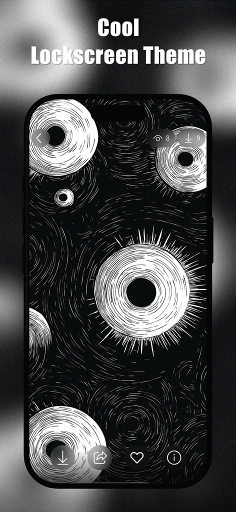 Black and white abstract circular wallpaper design on an iPhone lock screen
