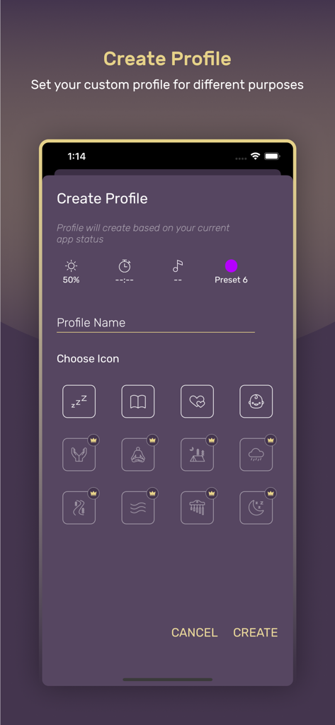 Screen Light Table Lamp - La pantalla Crear Perfil en la aplicación Lámpara de Mesa de Luz de Pantalla que muestra la configuración de brillo, temporizador y selección de icono personalizado.