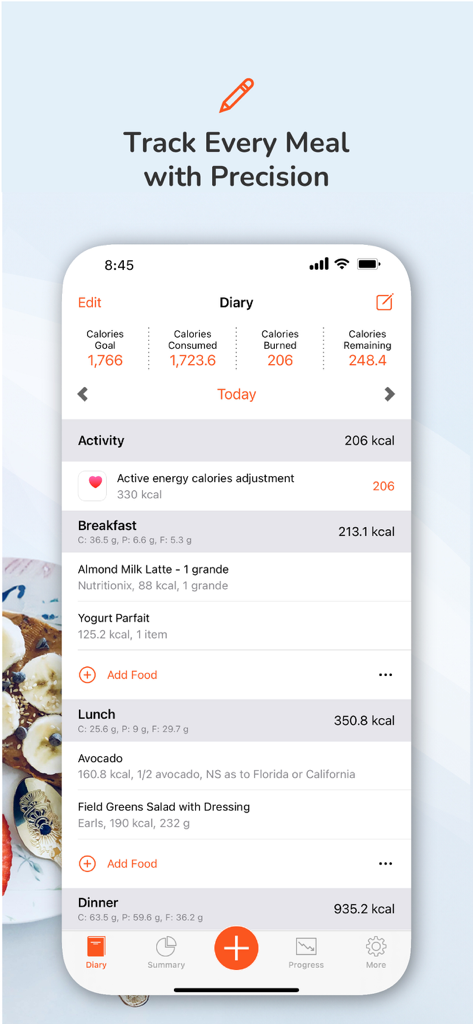 Calorie Counter by Pro Tracker - Calorie Counter by Pro Tracker app showing a daily meal diary with calorie totals and food logs