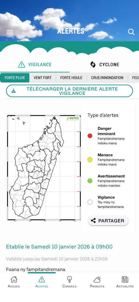 Météo Madagascar Officielle - Oberfläche der offiziellen Meteo Madagascar App mit Wetterwarnungen und einer regionalen Karte mit Risikostufen