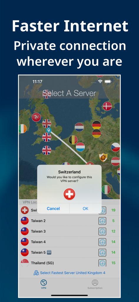 Flow VPN: Fast Secure VPN - Interface de l'application Flow VPN montrant une carte des serveurs mondiaux et une invite de configuration pour la Suisse.