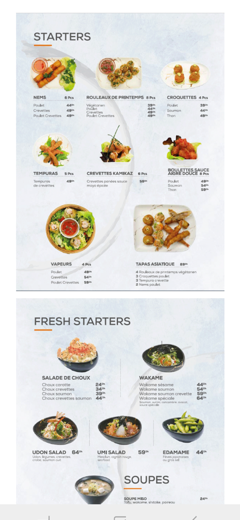 A menu screen from the Sushi Thai app displaying a variety of Asian starters, salads, and soups with photos and prices.