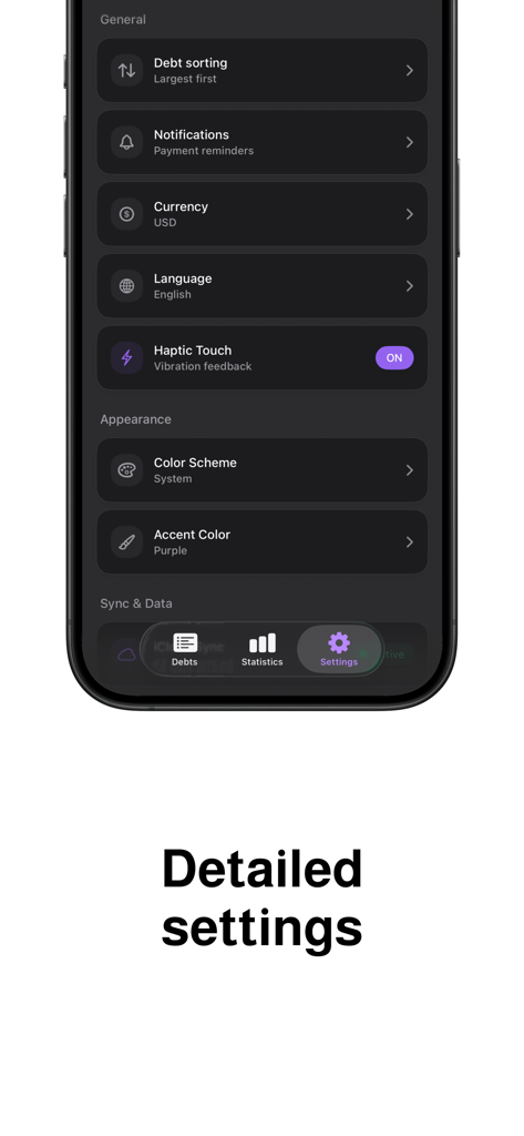 Debt Tracker – IOU & Loans - Detailed settings menu in the Debtyy app showing customization options for notifications sorting and appearance