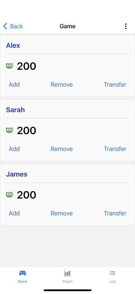 Game Money - Interface of Game Money app showing digital balance management for players Alex Sarah and James.