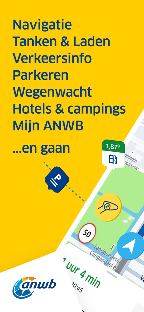 ANWB Onderweg & Wegenwacht - ANWB Onderweg app features list including navigation traffic info and roadside assistance