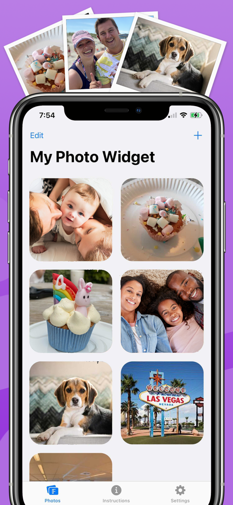A smartphone screen displaying a curated gallery of photos in the Photo Widget app for home screen customization.