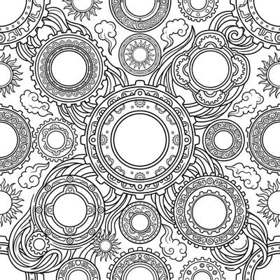 Unleash your creativity with this captivating coloring page featuring an array of intricate steampunk rings, gears, and radiant sun motifs. Perfect for summer days, this design blends industrial charm with sunny delight for a truly unique coloring experience.