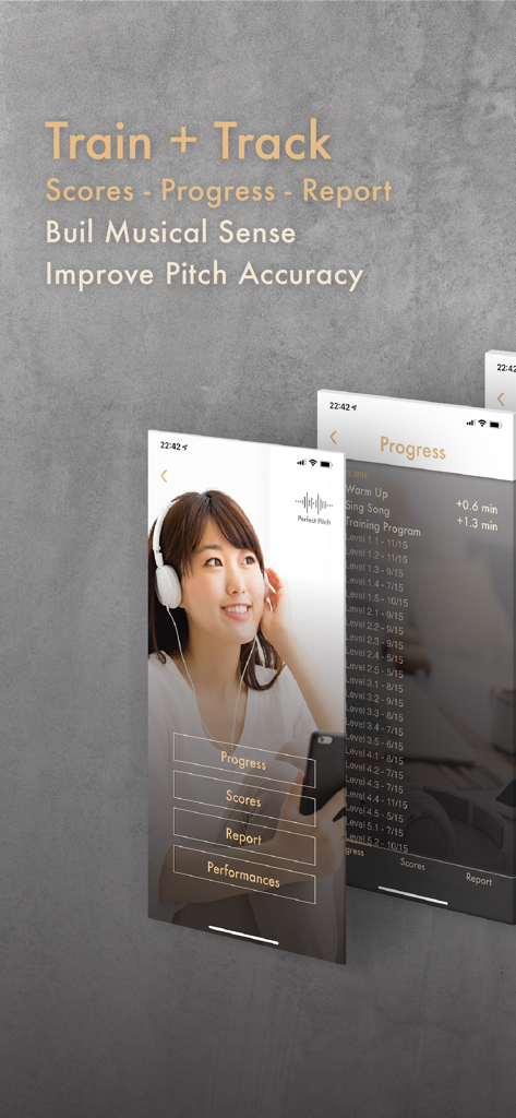 A woman using headphones to practice singing while the app tracks her progress and pitch accuracy