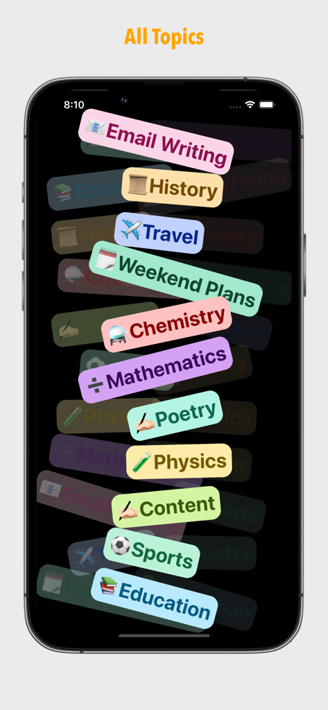 AI Chat! | ChattyAI - Una pantalla de smartphone que muestra una lista de diversos temas de asistente de IA en la aplicación ChattyAI
