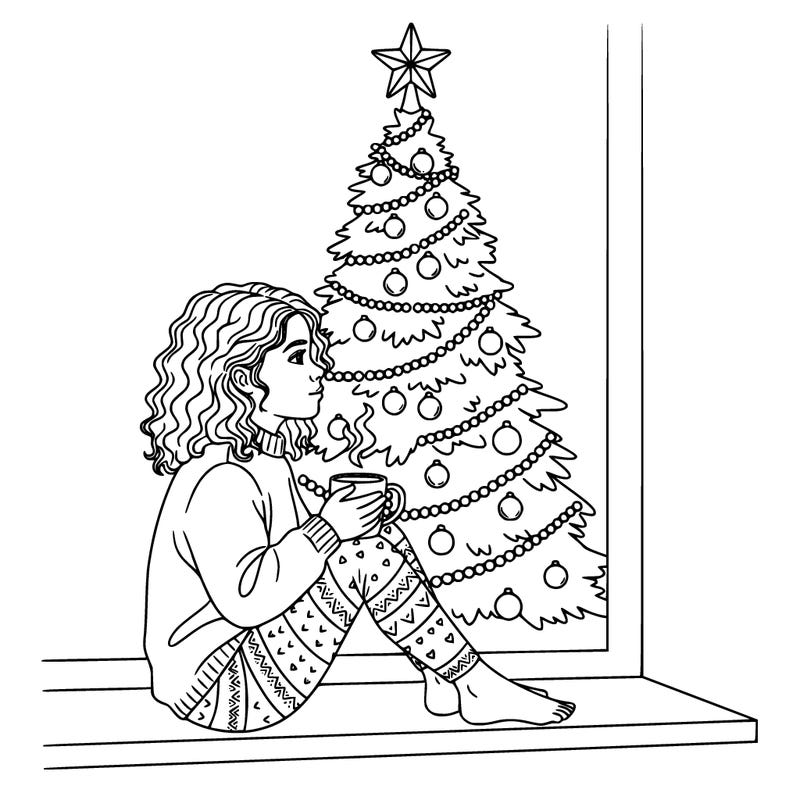 a girl sitting in the window with a cofee and behind she is a chrismas tree