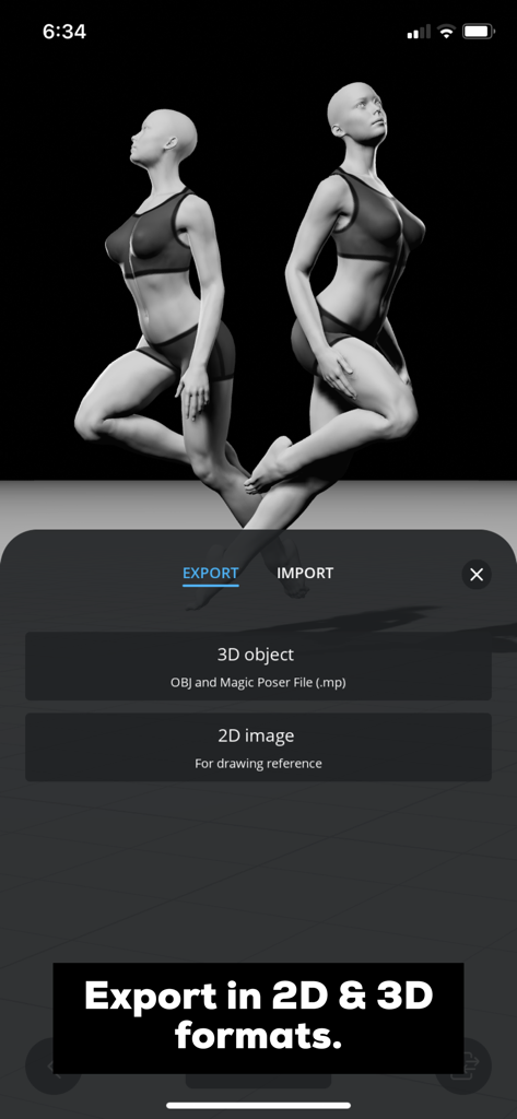 Magic Poser app export menu with options for 3D objects and 2D images