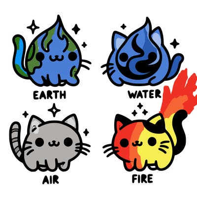 4 cats that represent the different elements, earth, water, air, and fire