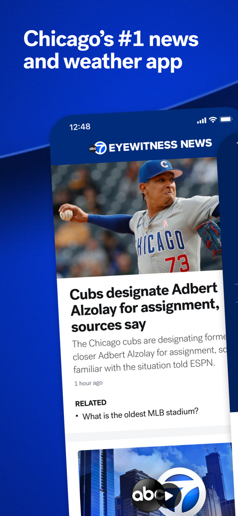 The ABC7 Chicago news and weather app interface showing a local sports news headline about the Chicago Cubs.
