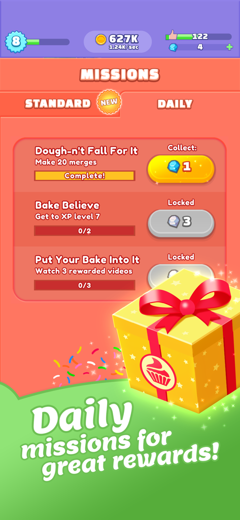 Merge Bakery - Merge Bakery app screenshot showing the missions menu with a gift box and daily challenges for rewards