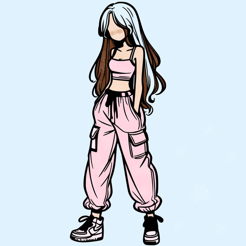 girl in baggy pants crop top and long hair