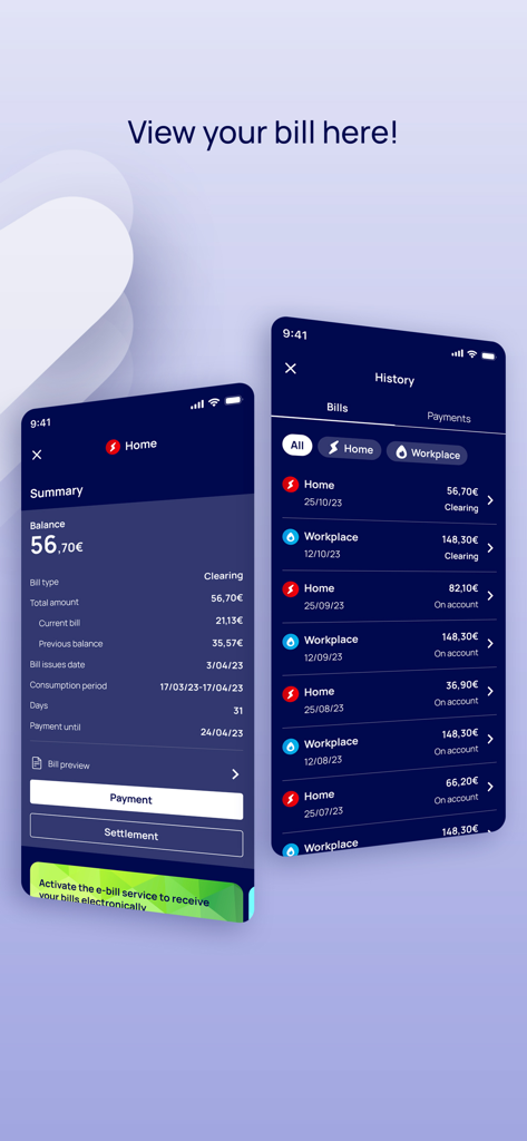myΗΡΩΝ - Screenshots of the myHERON mobile app showing energy bill summary and payment history for home and workplace
