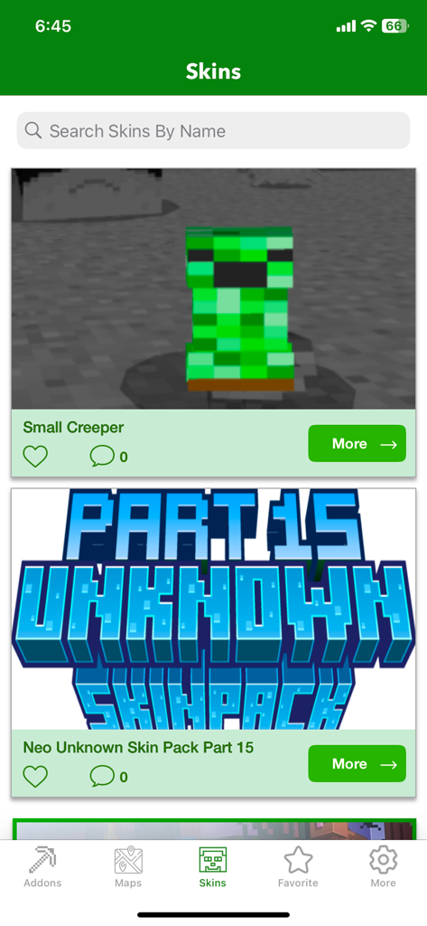 Addons, Skinseed For Minecraft - Gallery view of custom Minecraft skins including a Small Creeper in the Skinseed app