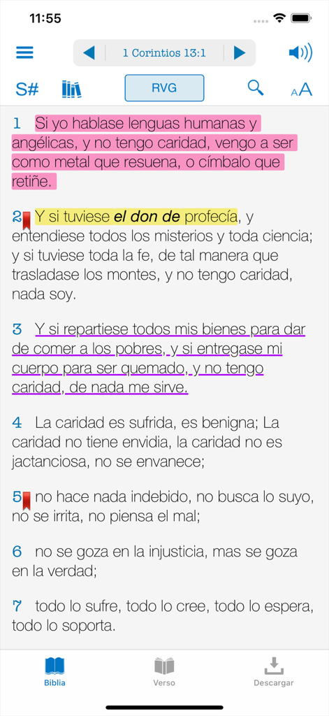 Interfaz de la Biblia digital mostrando versículos de Primera de Corintios con resaltados en rosa y amarillo e iconos de estudio