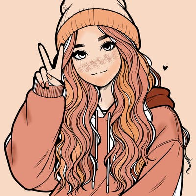 a teenage girl in a beanie, oversized sweatshirt, wavy long hair, and is showing a ✌️