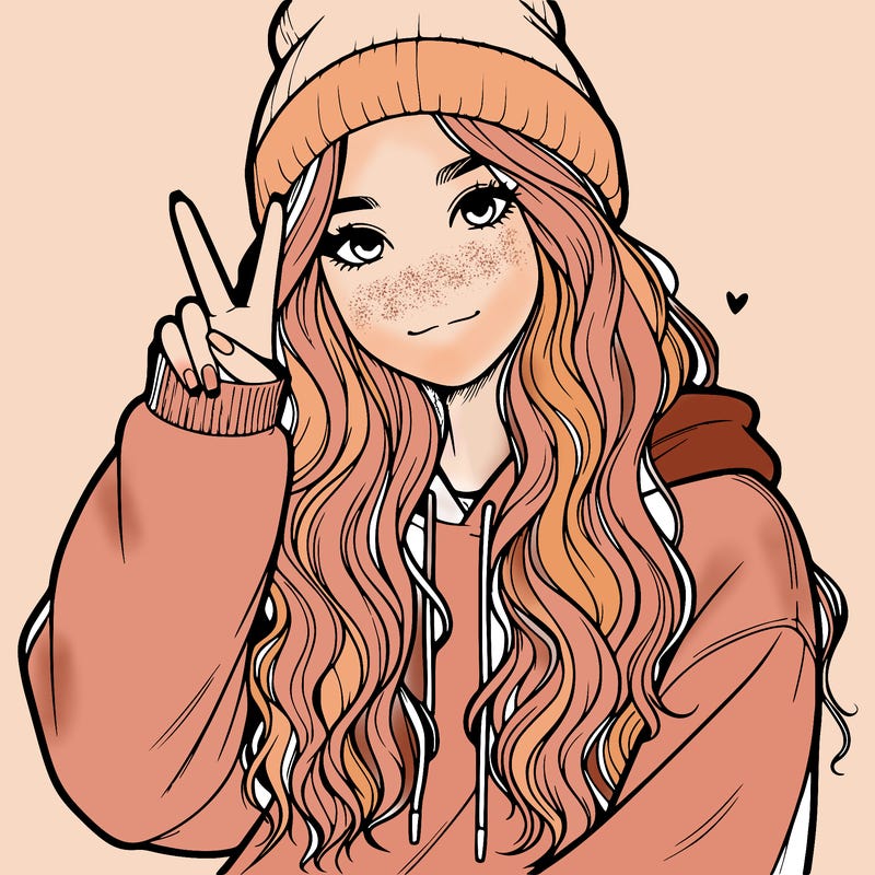 a teenage girl in a beanie, oversized sweatshirt, wavy long hair, and is showing a ✌️