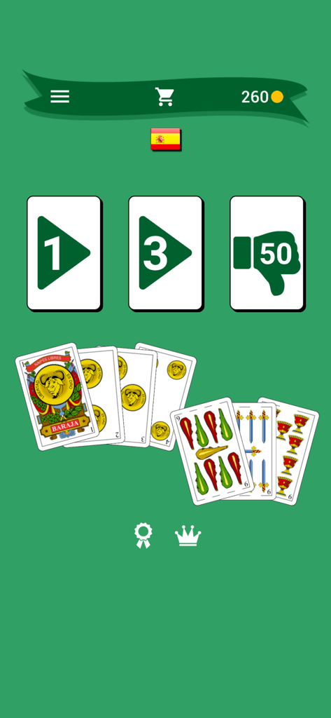 Chinchón: Card Game - Menú principal de la aplicación del juego de cartas Chinchon con cartas de baraja española y botones de selección de juego sobre un fondo verde