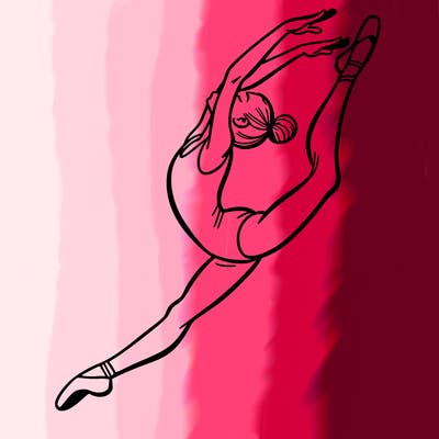 gymnast doing a leap in a leotard with a bent back leg