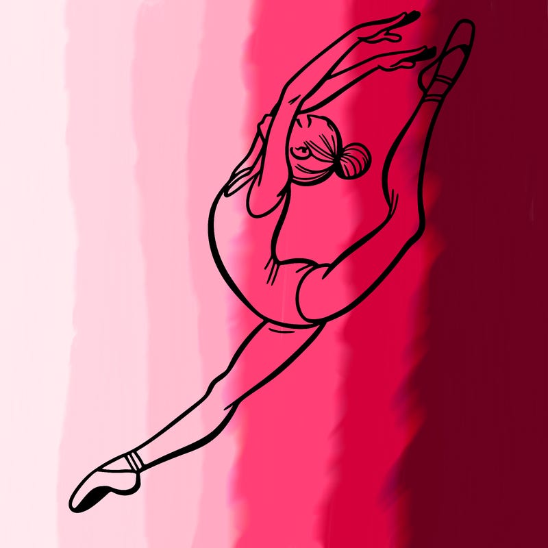 gymnast doing a leap in a leotard with a bent back leg