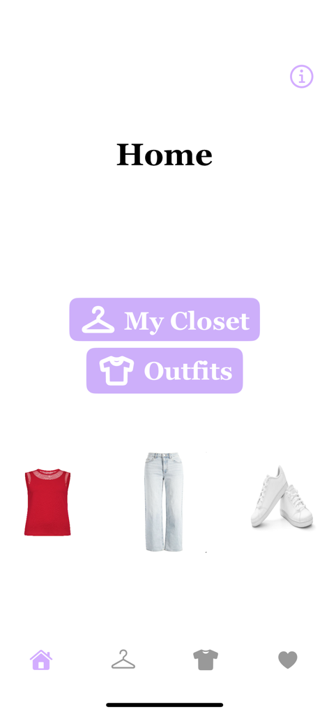 DigitalDresser - DigitalDresser app home screen with buttons for My Closet and Outfits featuring a red top, jeans, and white sneakers